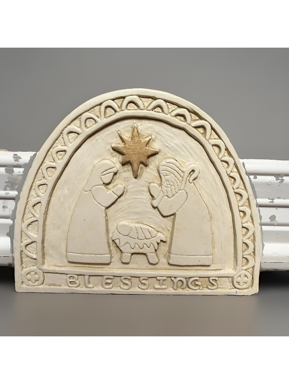 Vintage Brookwood Community White Ceramic Nativity Plaque Arched